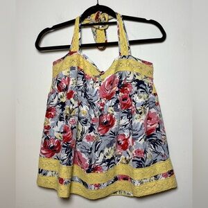 Manoush Vintage Floral Halter Top with Yellow Accents 100% Silk Size 40 US 8